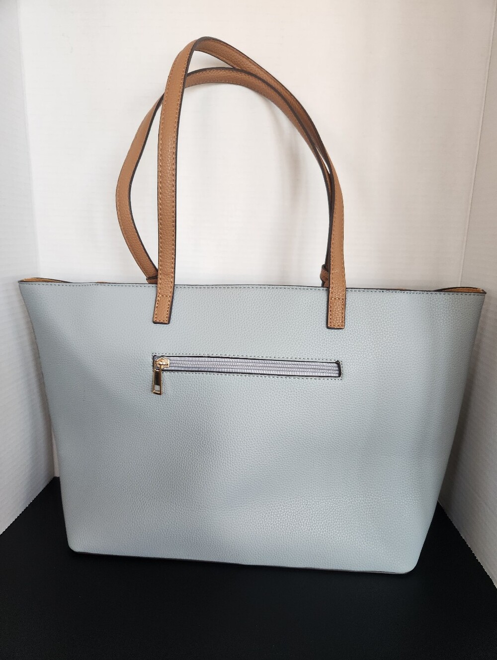 Light Blue Tote Bag with Tan Handles - Classic Everyday Carry
